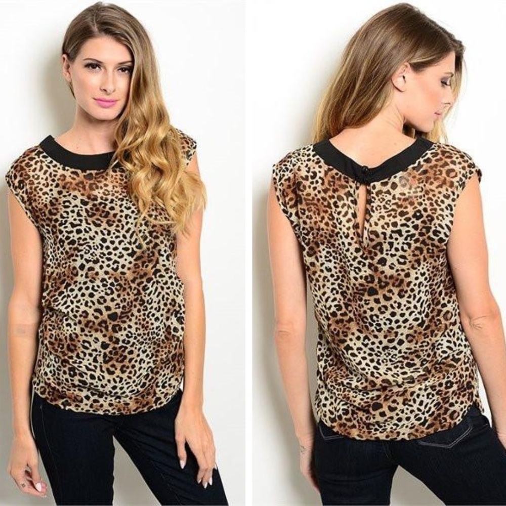 Womens Brown Leopard Animal Print Chiffon Blouse